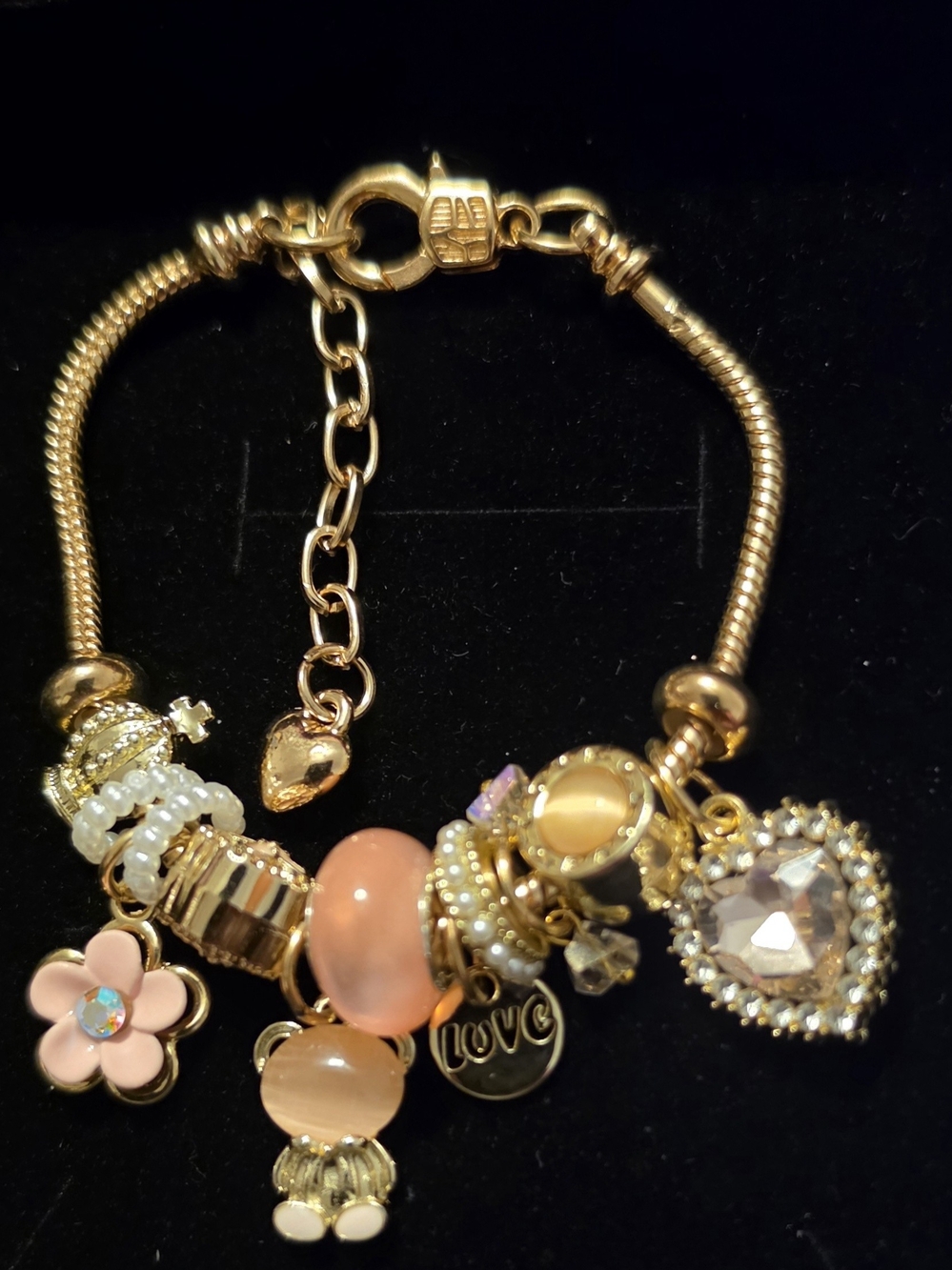 Gold-Plated Pink Charm Bracelet with Heart and Flower Pendants